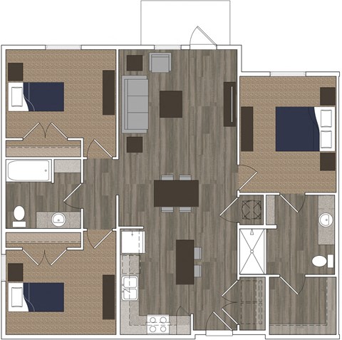 Floor plan for 3 beds, 2 baths, 1216 sqft